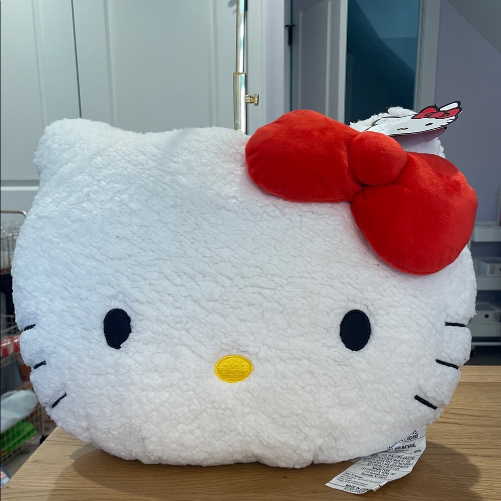 Hello Kitty White Plush Face Pillow with Red Bow Accent NWT